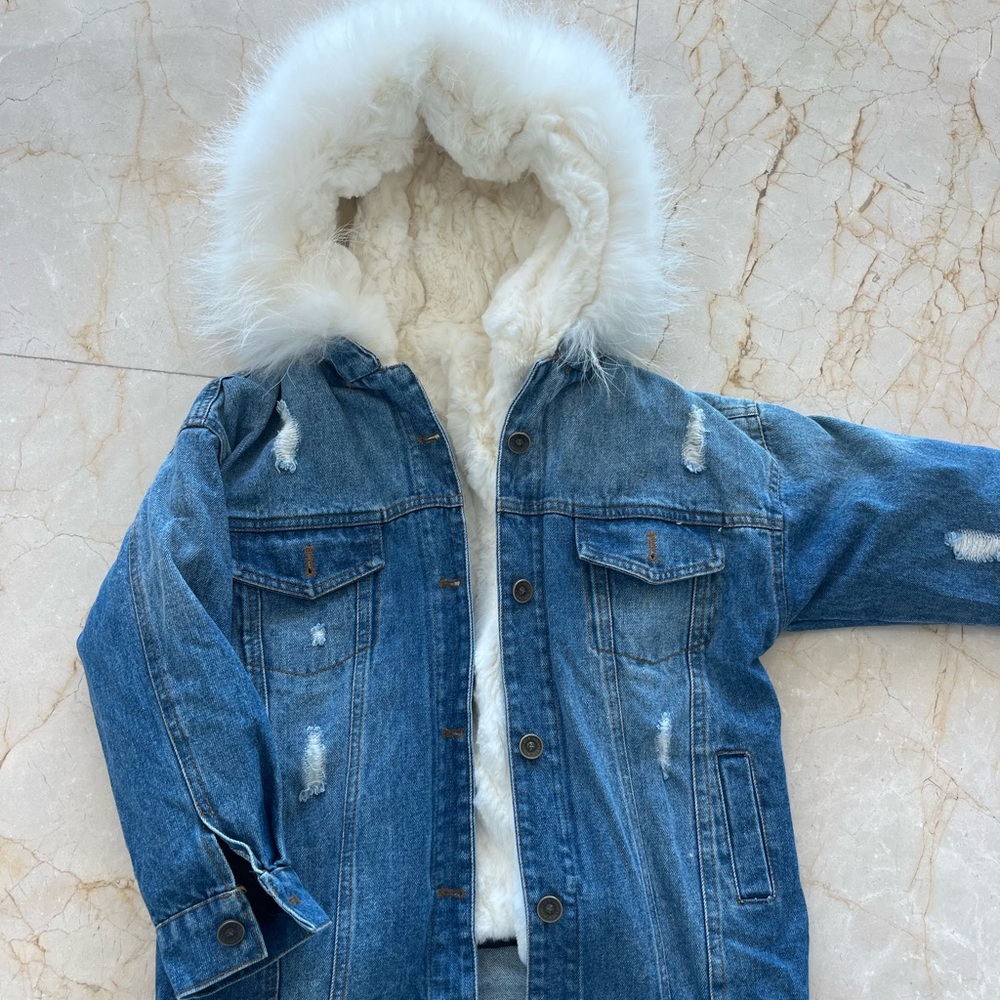 Fur lined denim parka with fur trimmed hood